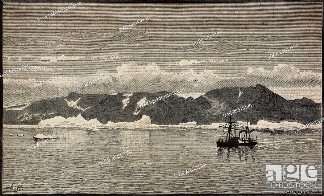 Stock Photo: View seen from the eastern coast, south of King Oscar Fjord, Professor A S Nordenskjold Expedition to Greenland, engraving by W Meyer from L'Illustrazione.