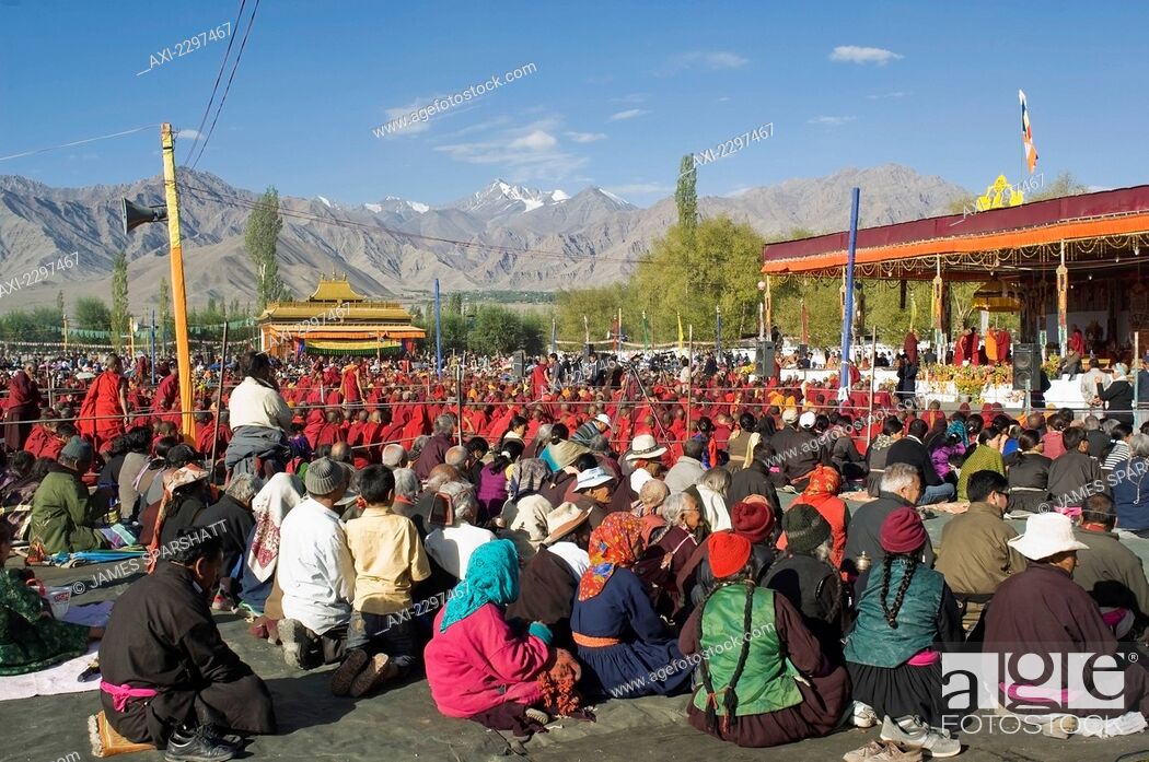 Stock Photo: Crowds wait for the Dalai Lama. The Dalai Lama spent four days of August in Leh, Ladakh. Ladakh is a Buddhist enclave in northern India.