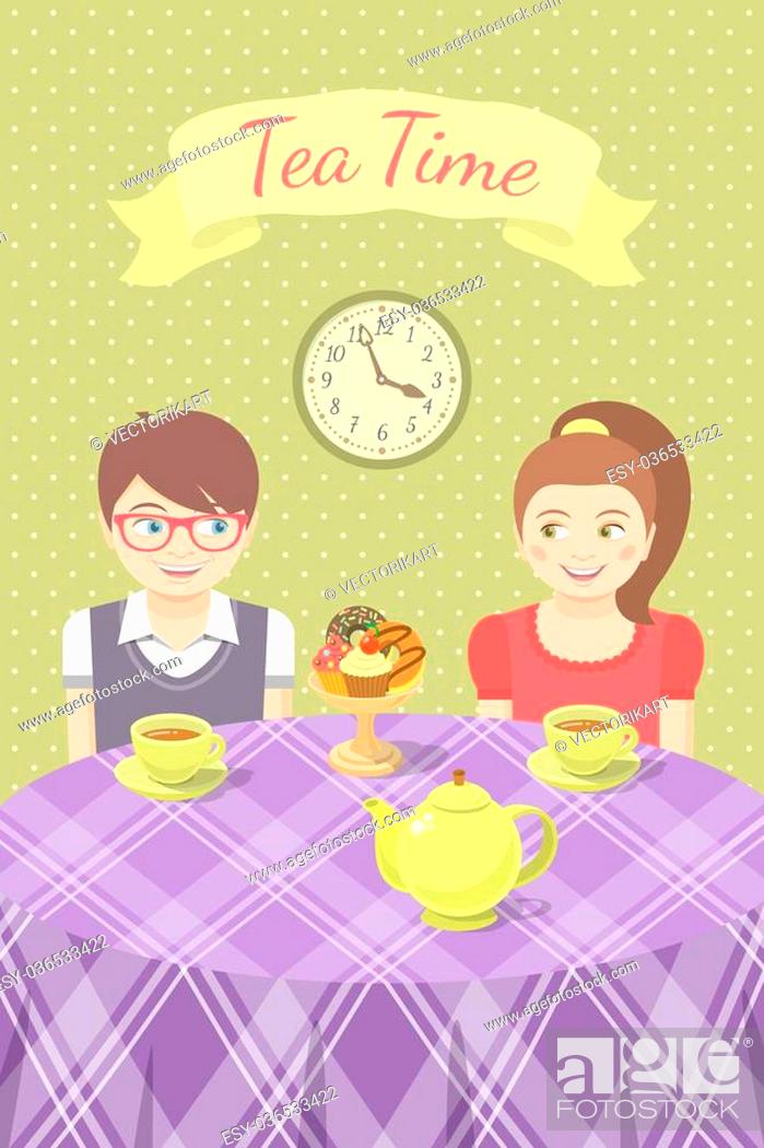 Stock Vector: Vector flat stylized illustration of boy and girl in love having tea at the table with cups, tea pot and sweets. Tea party invitation or card.