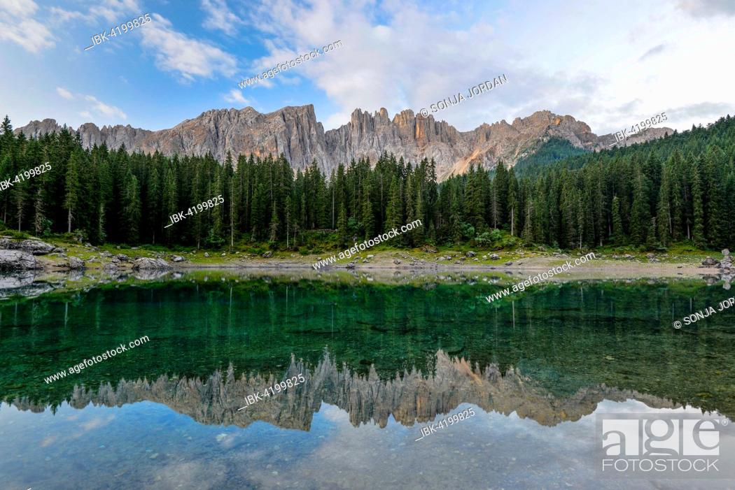 Stock Photo: Karersee lake in front of Latemar, Lago di Carezza, Carezza, Dolomites, Trentino Province, Province of South Tyrol, Italy.