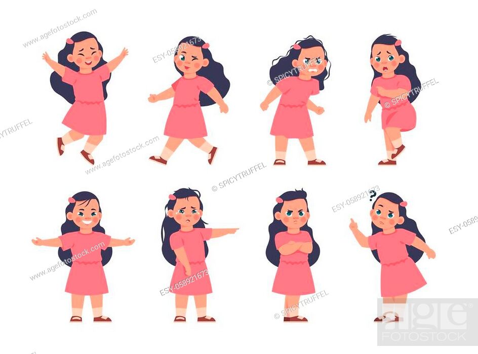Girl expressions. Cartoon kid character with different types of emotions,  smile or sad, Stock Vector, Vector And Low Budget Royalty Free Image. Pic.  ESY-058921673 | agefotostock