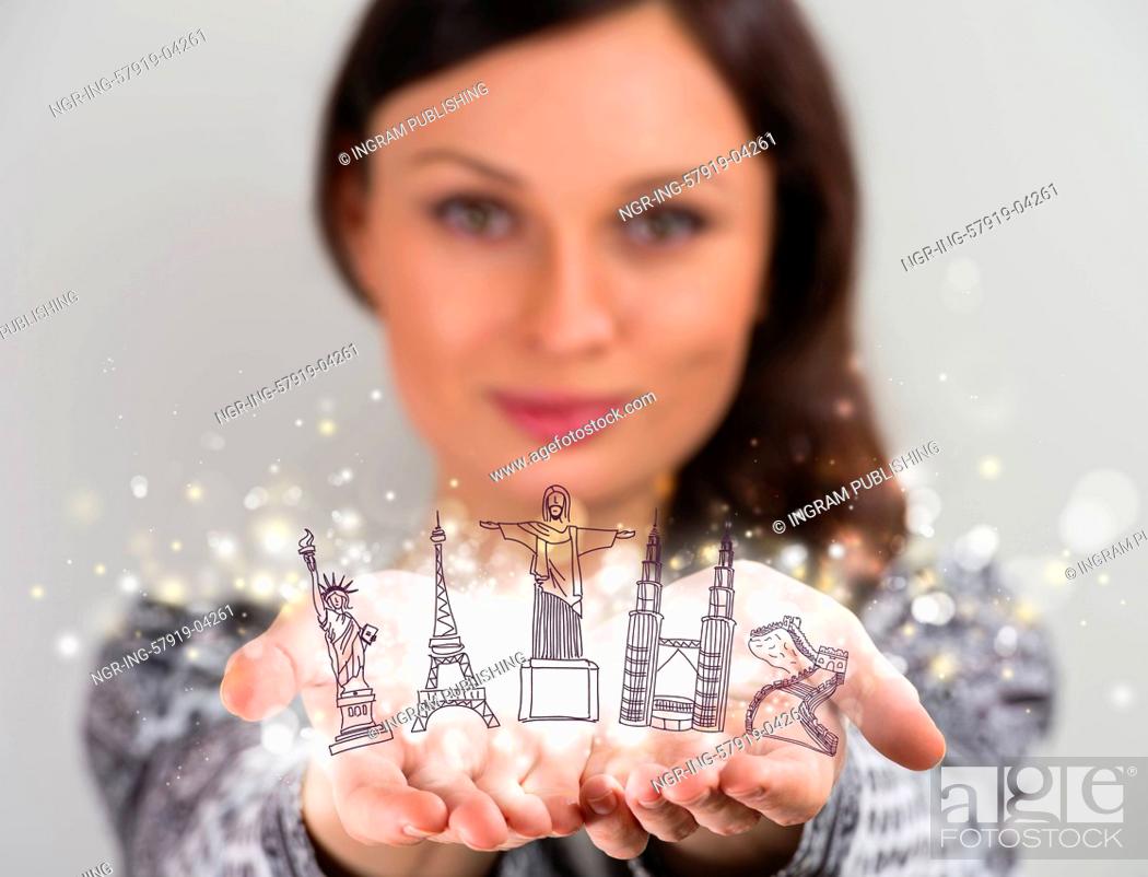 Stock Photo: Closeup portrait of woman sharing virtual symbols of famous touristic destinations. Touristic service concept.
