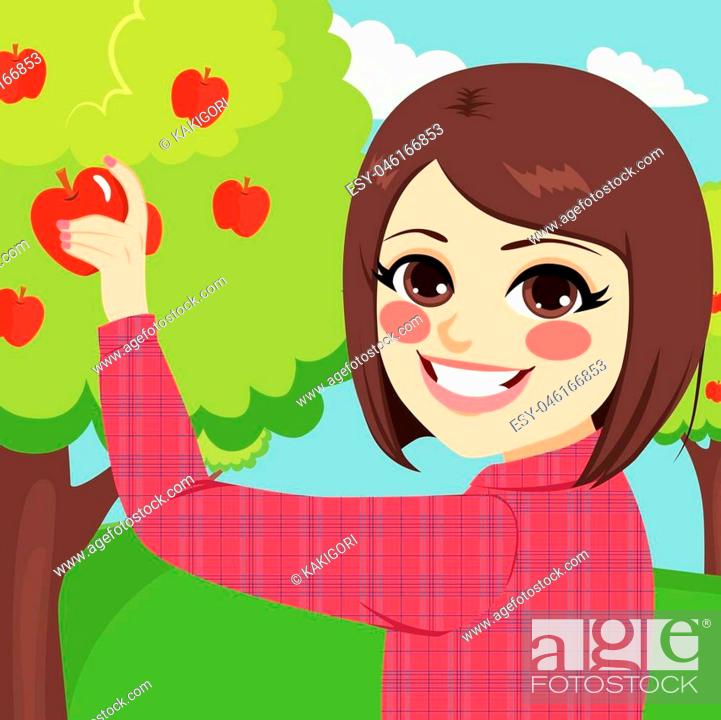 Stock Vector: Young brunette teenager girl picking organic red apple from tree in orchard happy smiling.