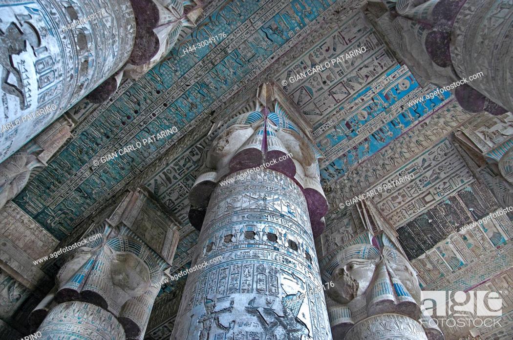 Stock Photo: Dendera Egypt, ptolemaic temple dedicated to the goddess Hathor. The hypostyle hall.