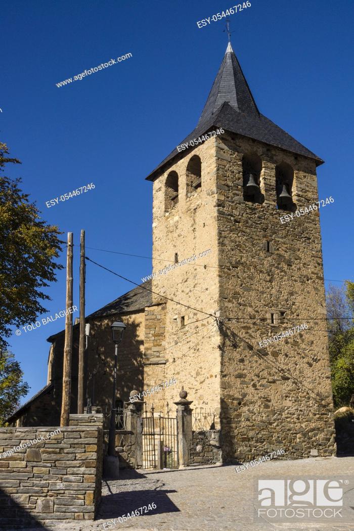 Stock Photo: iglesia romanica de Sant Esteve de Montcorbau, siglos XII y XIII, Montcorbau, valle de Aran, cordillera de los Pirineos, Spain, europe.