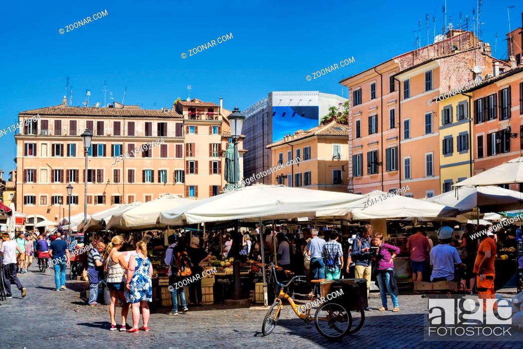 Stock Photo: Downtown, Market Place, Old Town, People, Vacation, Latin, Antique, Flower, House, Field, City, Tourism, Tourist, Old, Urban, Town, Italy, Place, Square, Roman, Market, Fruit, Vegetables, Crowd, Center, Act, Italian, Panorama, Attraction, Lazio