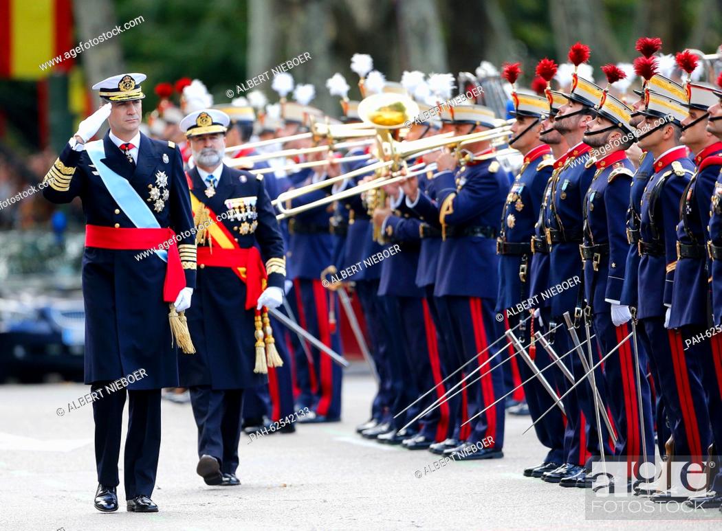 Stock Photo: Madrid, 12-10-2015 HM King Felipe HM King Felipe, HM Queen Letizia, Princess Leonor, Princess Sofia attend the military parade at la Plaza de Cánovas del.