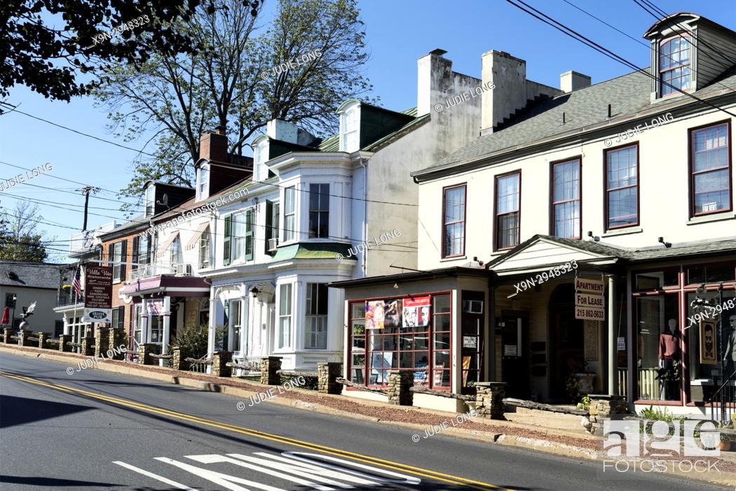 Stock Photo: New Hope, PA, Bucks County, USA. Looking at Retail Shops and Restaurant in Old Buildings on Bridge Street.