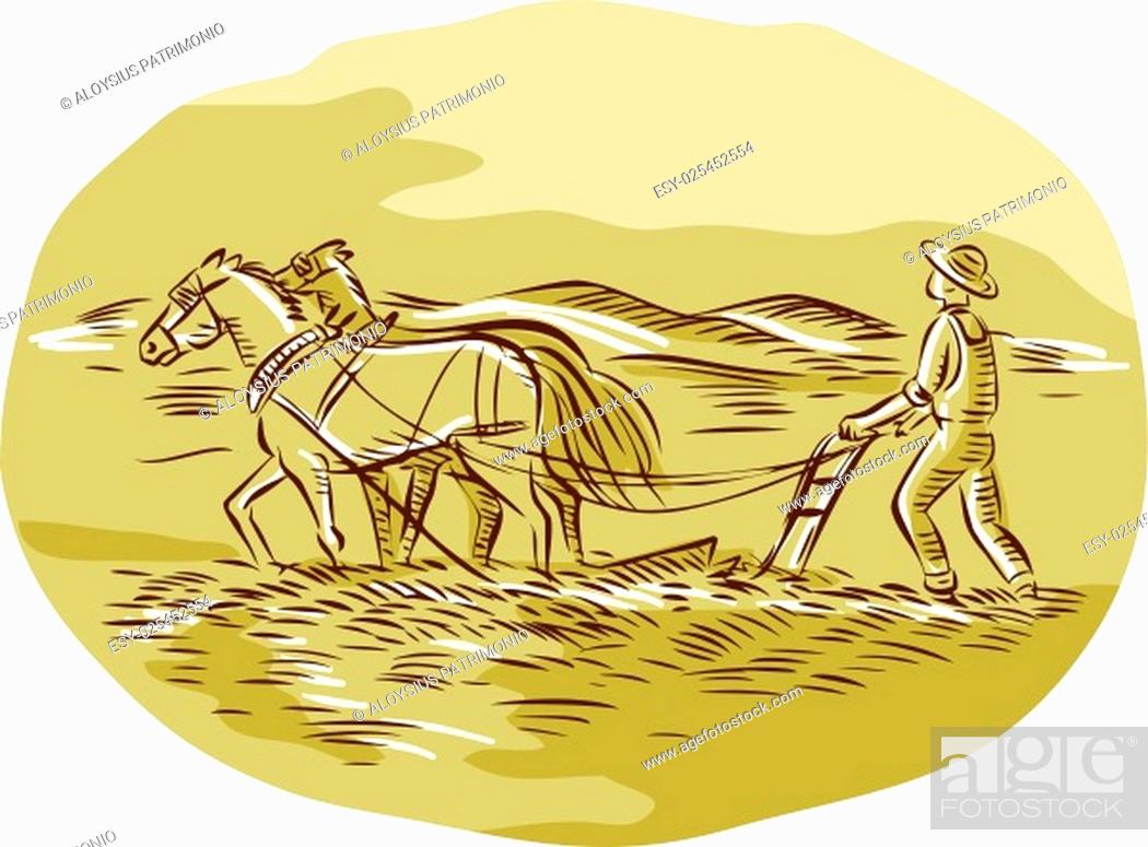 Stock Vector: Etching engraving handmade style illustration of farmer and horses plowing field viewed from side set inside oval shape with mountains in the background.