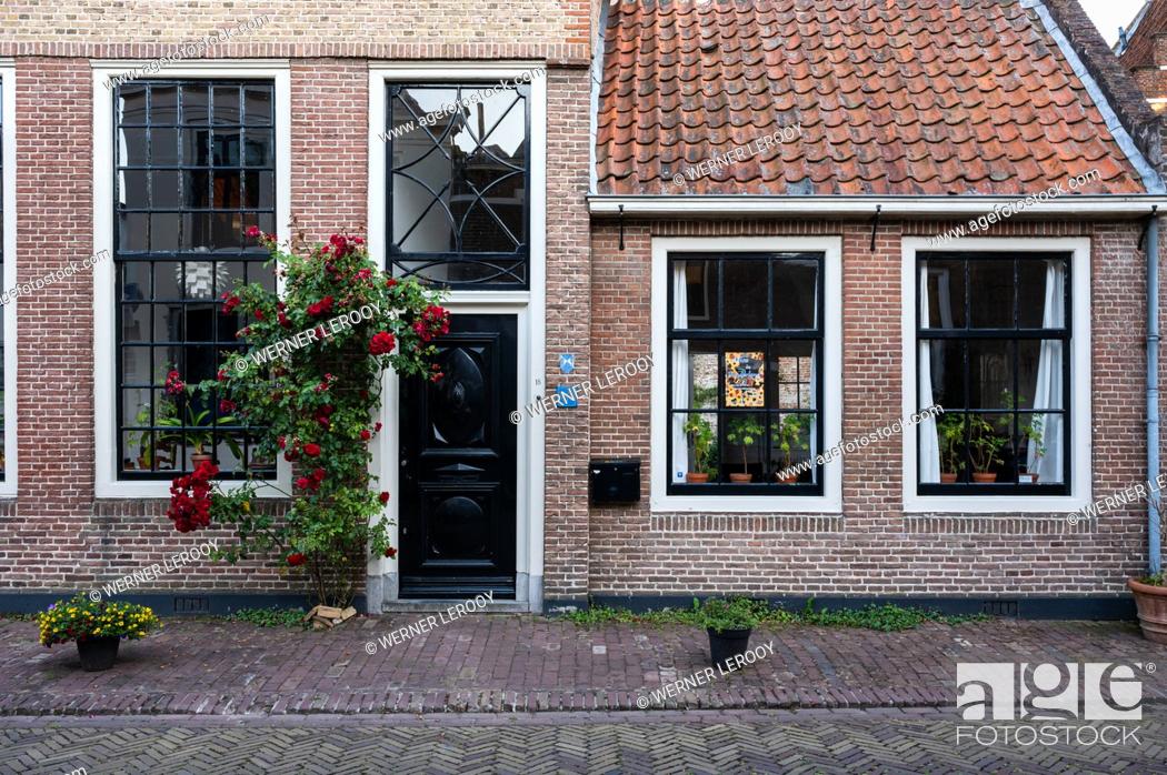 Stock Photo: Zaltbommel, Gelderland, The Netherlands - 07 12 2022 - Traditional house facades with pottery and plants.