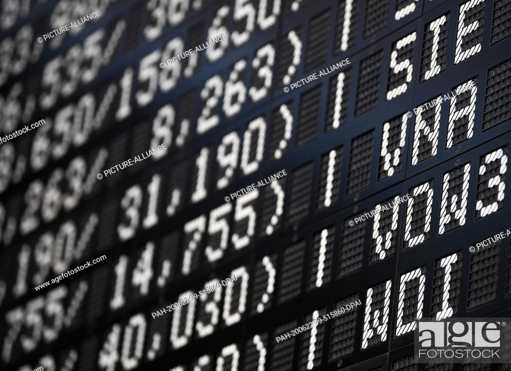 Stock Photo: 22 June 2020, Hessen, Frankfurt/Main: The Wirecard share is listed on the display board of the Frankfurt Stock Exchange under the Dax 30 stocks with the.