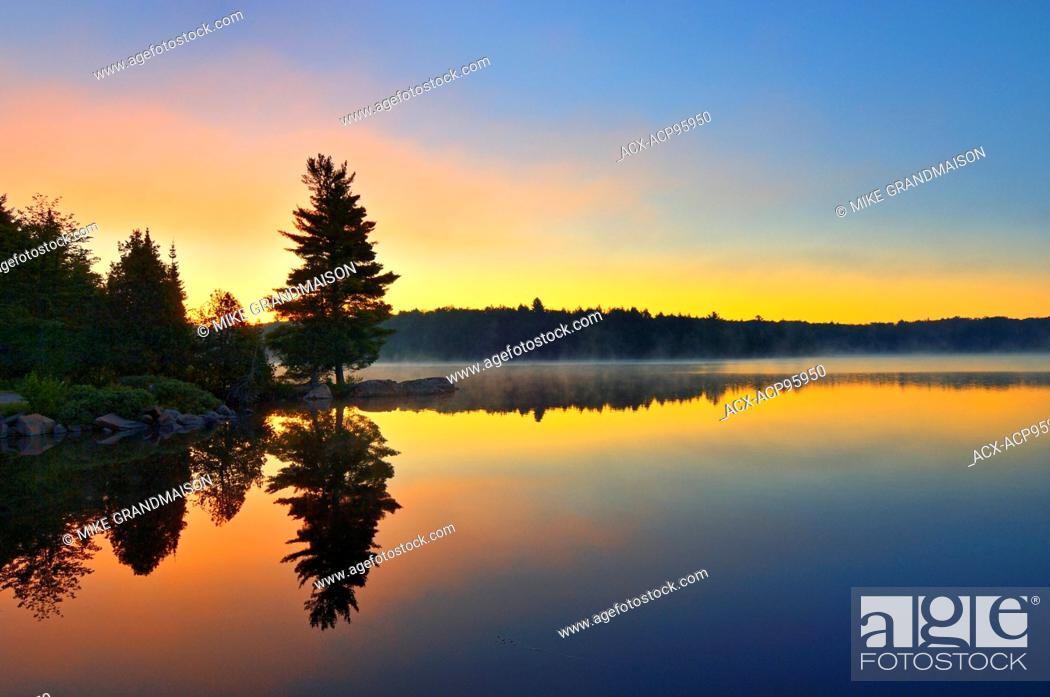 Stock Photo: Reflection at dawn at Smoke Lake Algonquin Provincial Park Ontario Canada.