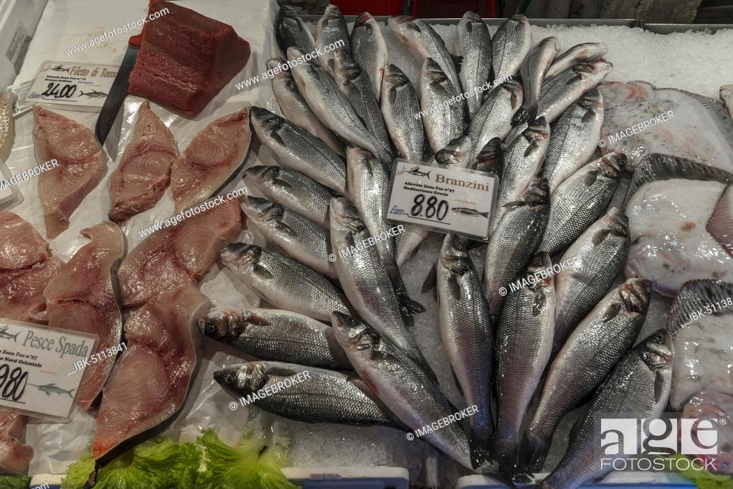 Stock Photo: Fresh Temperate basses (Moronidae) and Swordfish (Xiphias gladius) on ice, fish market, Venice, Veneto, Italy, Europe.