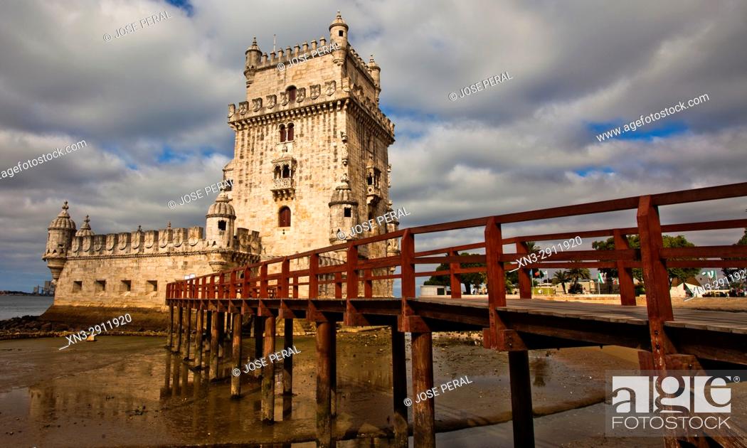 Stock Photo: Belem Tower, Tower of Saint Vincent, Fortification, Torre de Belém, Tagus River mouth, Rio Tejo, Santa Maria de Belém district, Lisbon, Portugal, Europe.