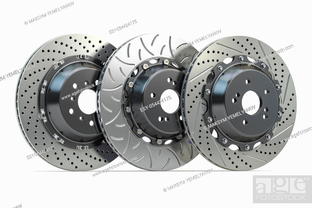 Stock Photo: Different types of brake disks. Drilled and slotted brake disks in a row. 3d illustration.