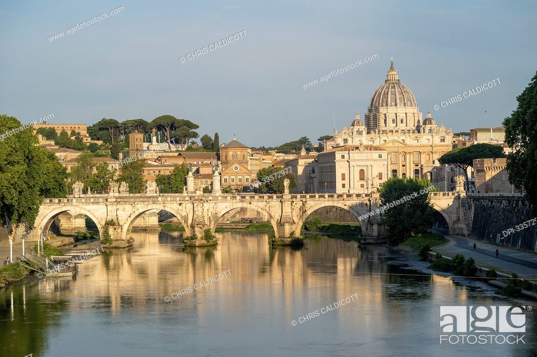 Stock Photo: St Peter's Basilica and Ponte Vittorio Emanuele II Bridge on the River Tiber; Rome, Italy.