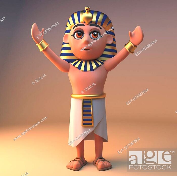 Stock Photo: Ancient Egyptian pharaoh Tutankhamun stands with arms raised in worship, 3d illustration render.