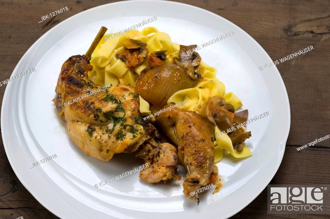 Stock Photo: Braised rabbit with ribbon noodles.