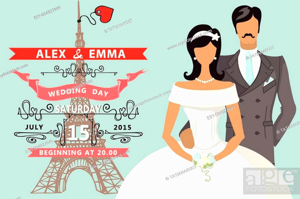 Cute wedding invitation with Cartoon flat couple bride and groom with  swirling borders, Eiffel tower, Stock Vector, Vector And Low Budget Royalty  Free Image. Pic. ESY-034827849 | agefotostock