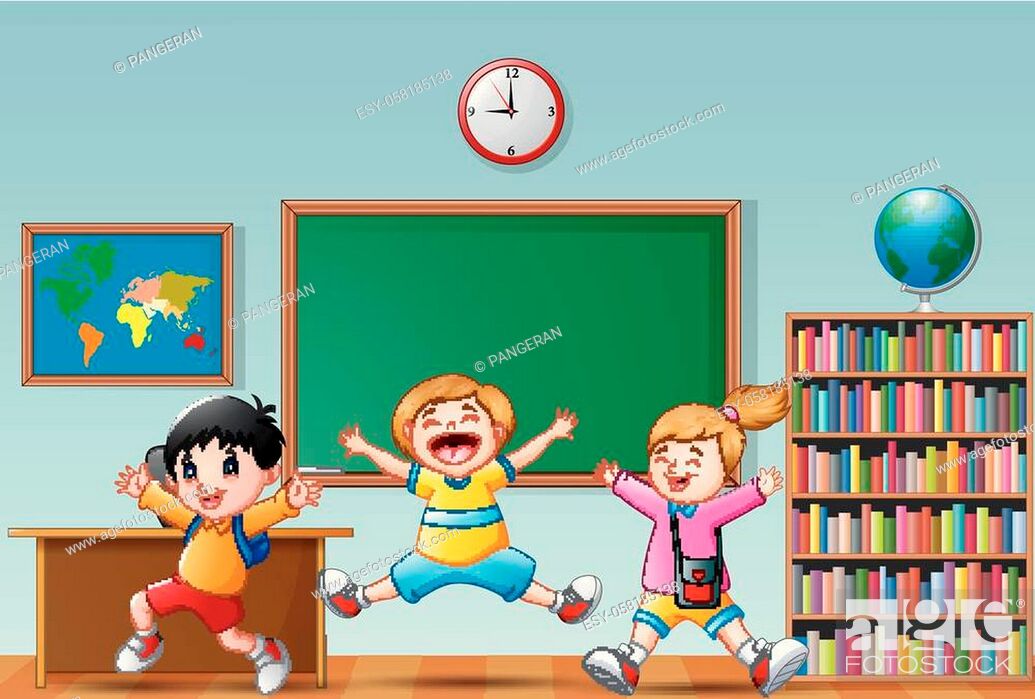 Vector illustration of Happy school kids cartoon jumping in a classroom,  Stock Vector, Vector And Low Budget Royalty Free Image. Pic. ESY-058185138  | agefotostock