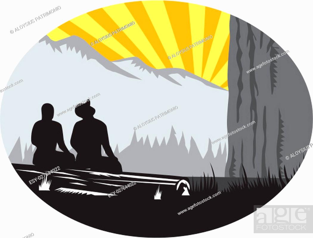 Stock Photo: Illustration of two trampers campers sitting on a log, one female and one male looking up to the mountain set inside oval shape with sunburst in the background.