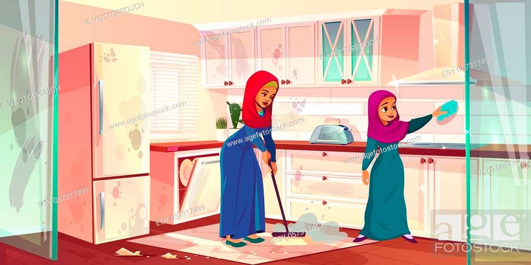 cartoon illustration with two Arabian ladies clean kitchen, Stock Photo,  Picture And Low Budget Royalty Free Image. Pic. ESY-057317499 | agefotostock
