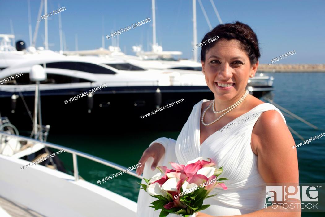 Stock Photo: Bride, Dressed up, on the boat, Mallorca, Spain, Europe.