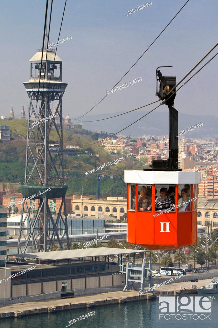 Stock Photo: Transpordador Aeri and Torre Jaume I, cable car across the port, Barcelona, Catalonia, Spain, Europe.
