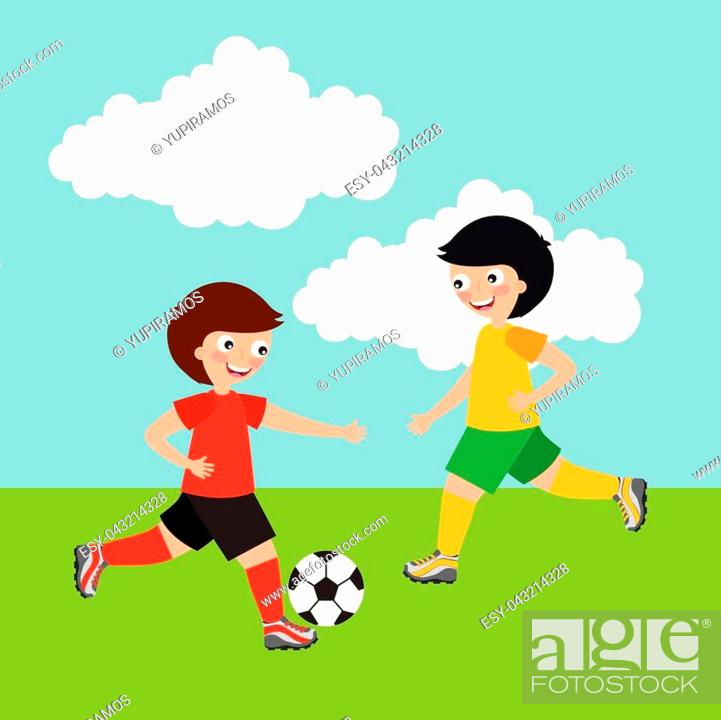 boys playing soccer, cartoon icon over landscape background, Stock Vector,  Vector And Low Budget Royalty Free Image. Pic. ESY-043214328 | agefotostock