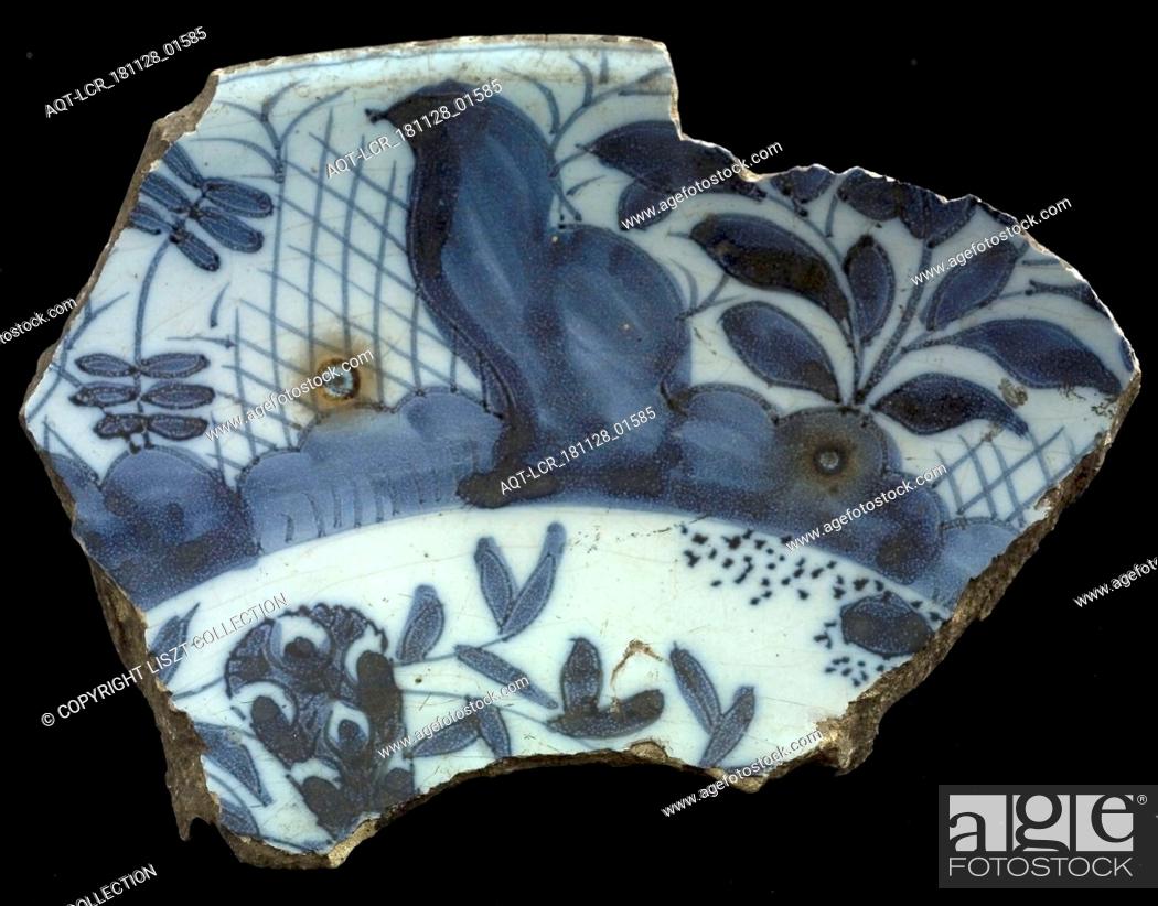 Stock Photo: Fragment faience dish, blue on white, Chinese decor with Chinese border, dish plate crockery holder earth discovery ceramics earthenware glaze tin glaze.