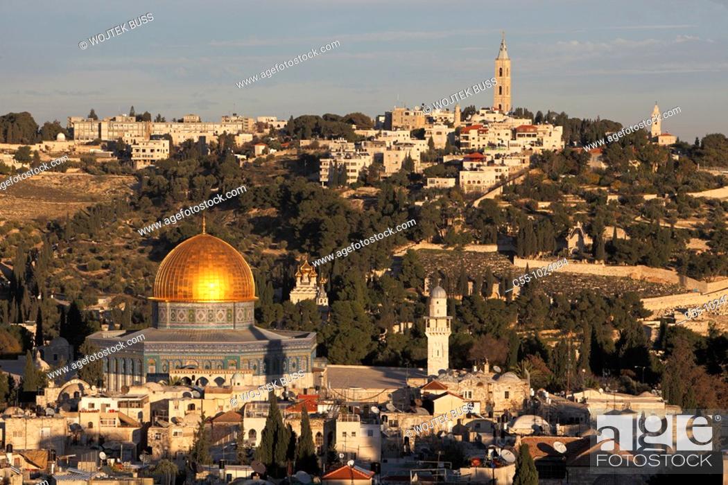 Stock Photo: Israel, Jerusalem, Old city, Mount of Olives, from David's Tower, Dome of the Rock, St  Mary Magdalene Orthodox Church, Orthodox Church of the Ascension.