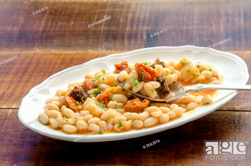 Stock Photo: Beans with chorizo and morcilla.