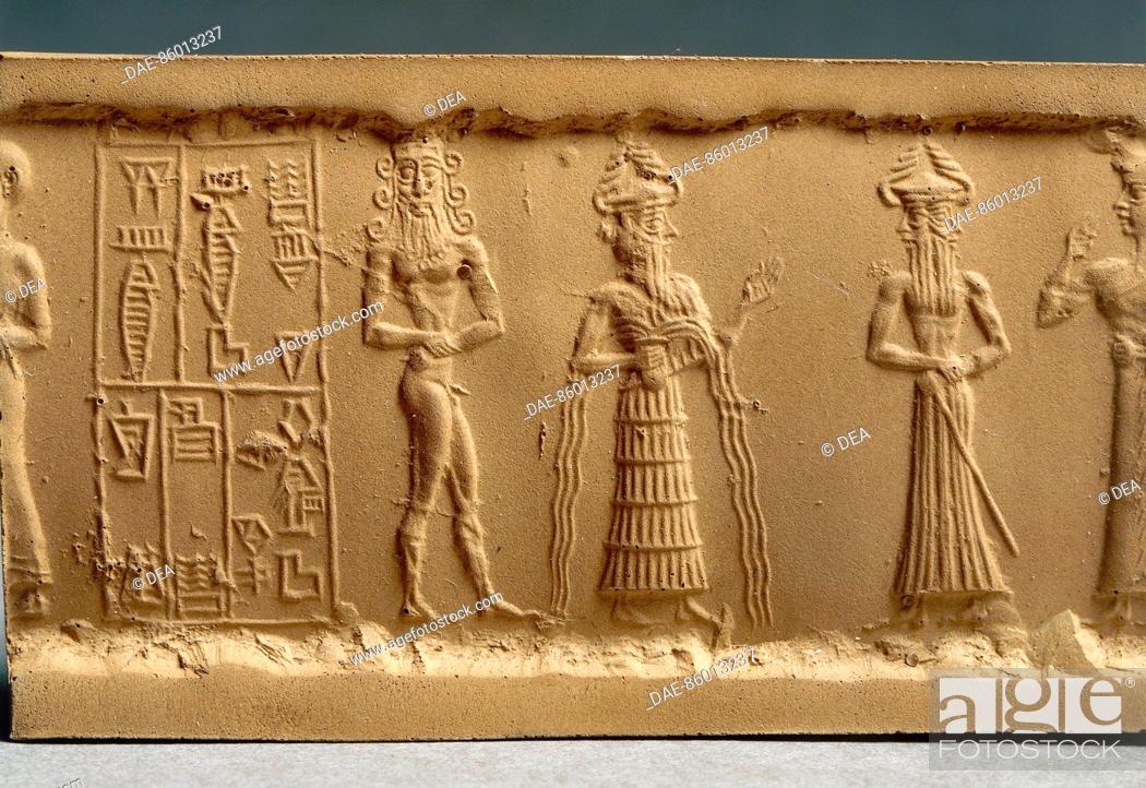 Stock Photo: Akkadian civilization, 2330-2150 b.C. Clay impression of a cylinder seal depicting adoration scene. From Nippur, Iraq. Detail.