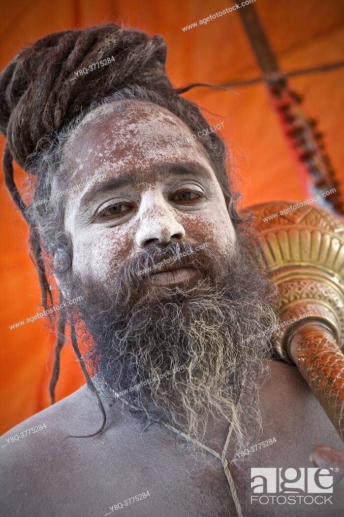 Stock Photo: Hanuman Naga baba, body coated with the ashes of the sacred fire for purification on the ghats in benares, awaiting the shivaratri. UP, india.