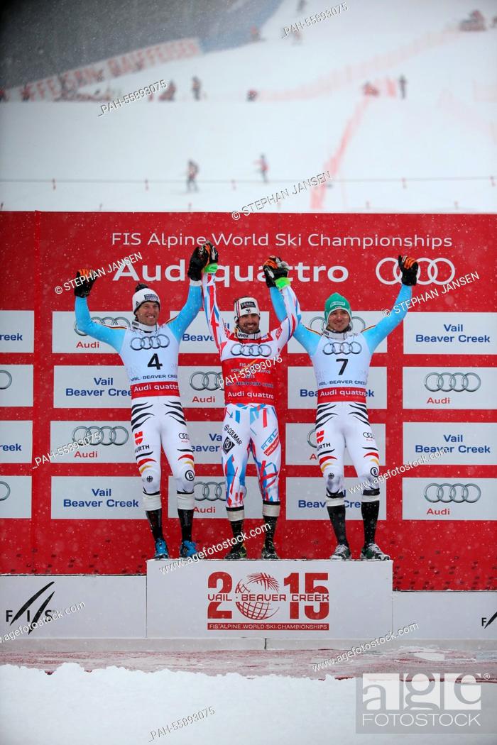 Stock Photo: (L-R) Fritz Dopfer of Germany (silver), Jean-Baptiste Grange of France (gold) and Felix Neureuther of Germany (bronze) during the winner's presentation of the.