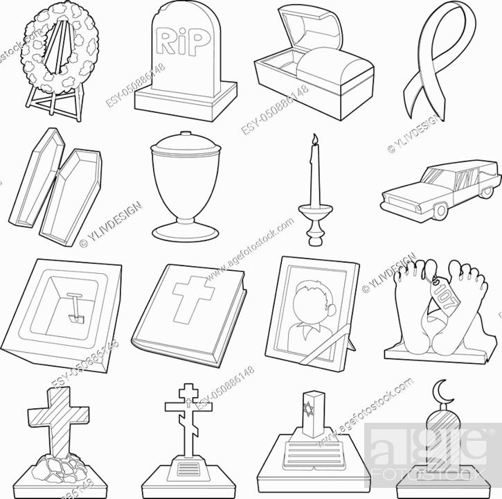 Stock Vector: Funeral icons set. Outline illustration of 16 funeral vector icons for web.