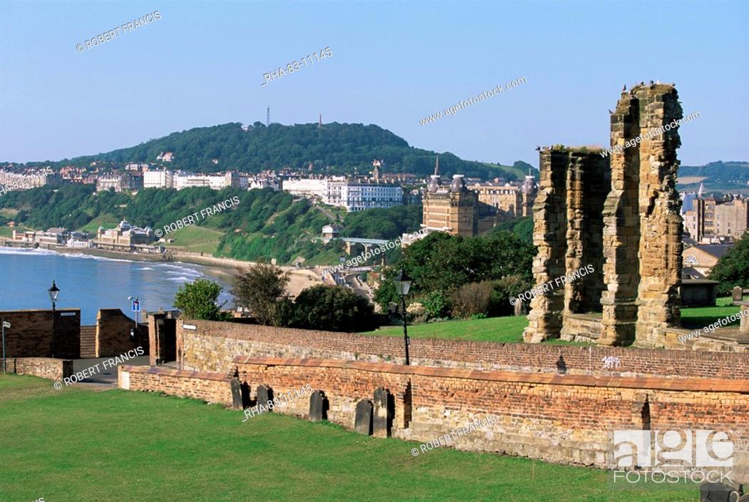 Stock Photo: View from St. Mary's Church towards the Grand Hotel and South Shore, Scarborough, Yorkshire, England, United Kingdom, Europe.