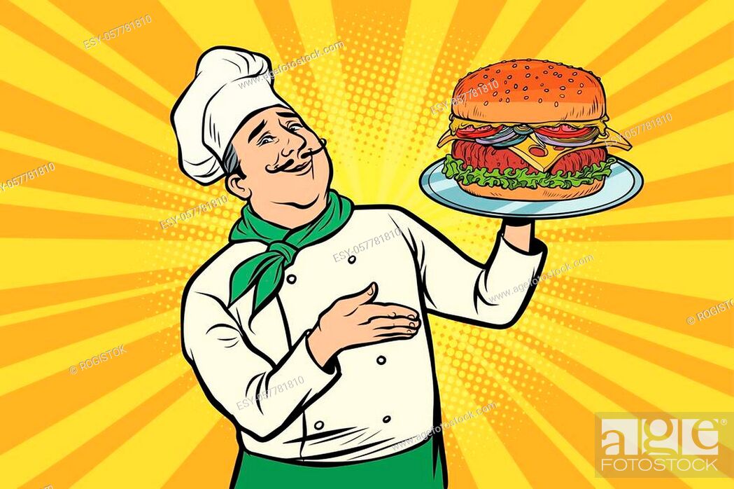 chef with Burger. Cooking fast food. Restaurant lunch. Comic cartoon pop  art retro vector..., Stock Vector, Vector And Low Budget Royalty Free  Image. Pic. ESY-057781810 | agefotostock