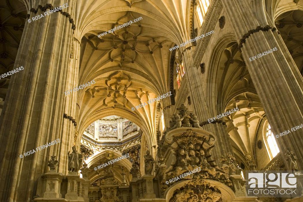 Stock Photo: Interior of Cathedral of Santa Maria with rib vaults and triforium, Salamanca, Castilla y Leon, Spain.