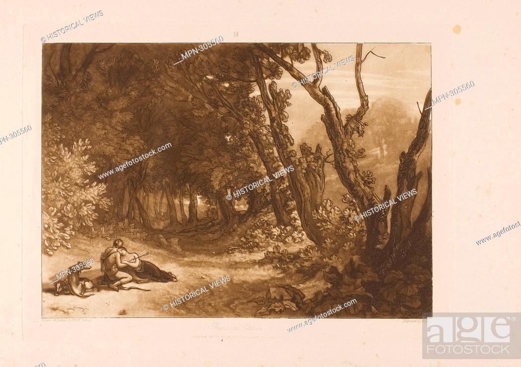 Stock Photo: Author: Joseph Mallord William Turner. Procris and Cephalus, plate 41 from Liber Studiorum - published February 14, 1812 - Joseph Mallord William Turner.