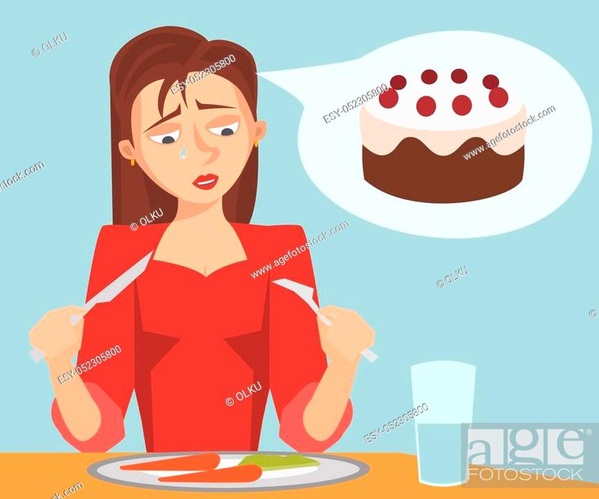 sad girl eating diet food dreaming of cake - funny cartoon vector  illustration, Stock Vector, Vector And Low Budget Royalty Free Image. Pic.  ESY-052305800 | agefotostock