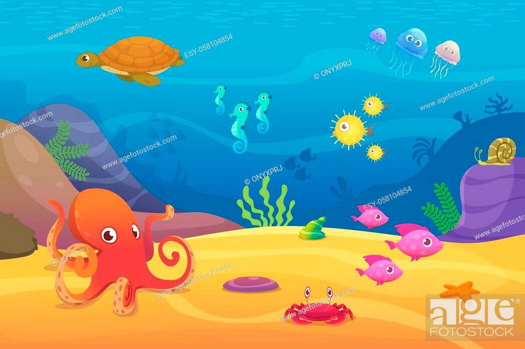 Underwater life. Aquarium cartoon fish ocean and sea animals vector  background, Stock Vector, Vector And Low Budget Royalty Free Image. Pic.  ESY-058104854 | agefotostock