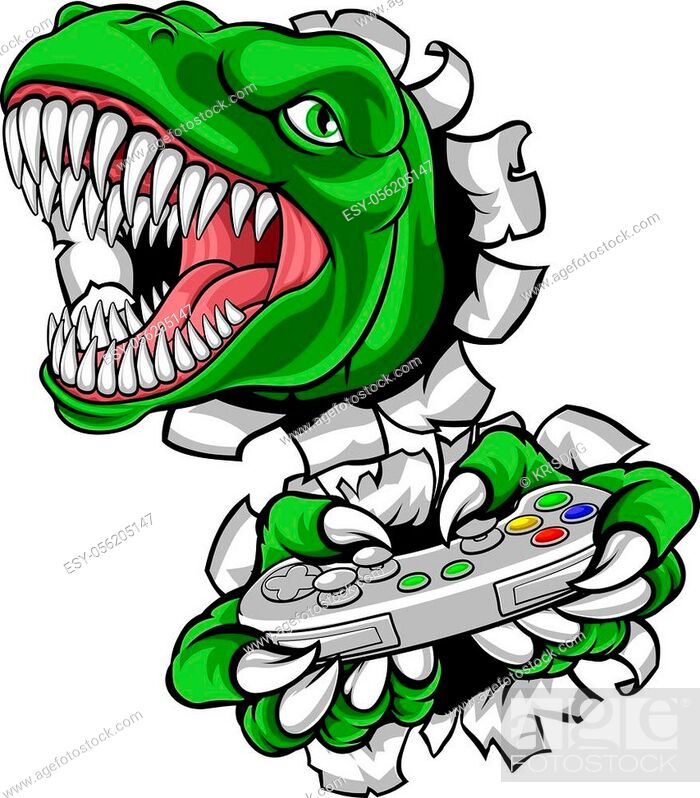 A dinosaur T Rex or raptor gamer player cartoon animal sports mascot  holding a video game controller..., Foto de Stock, Vector Low Budget  Royalty Free. Pic. ESY-056205147 | agefotostock