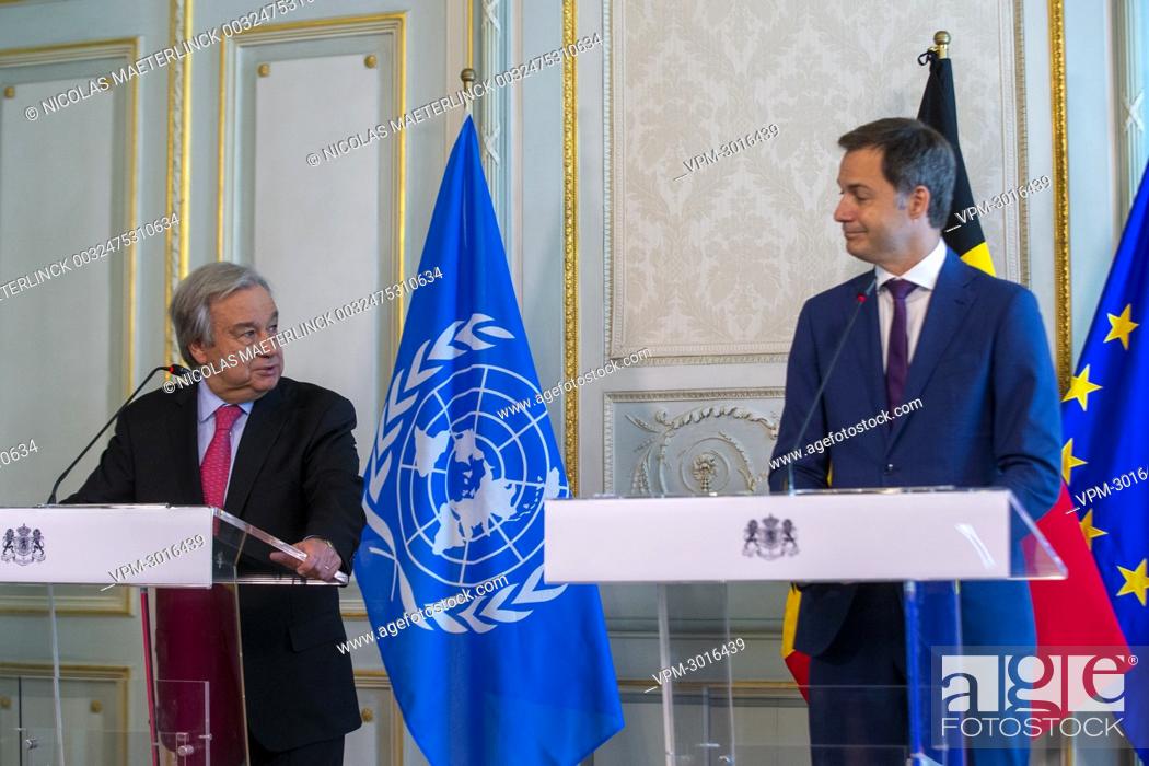 Stock Photo: UN Secretary-General Antonio Guterres and Prime Minister Alexander De Croo hold a press conference after a diplomatic meeting in Brussels, Thursday 24 June 2021.