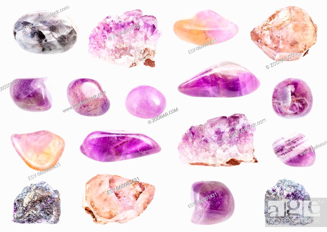 Stock Photo: set of various Amethyst gemstones isolated on white background.