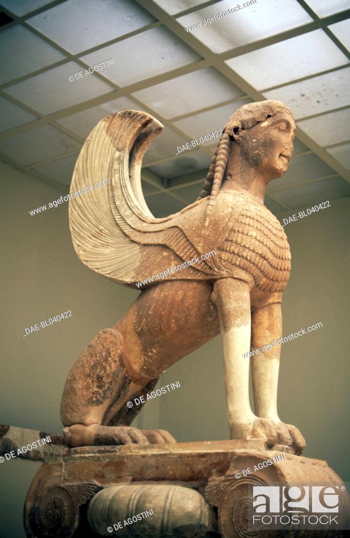 Stock Photo: Naxian Sphinx, 560 BC, marble from Naxos, Greece. Greek civilisation, 6th century BC.  Delphi, Museum (Archaeological Museum).