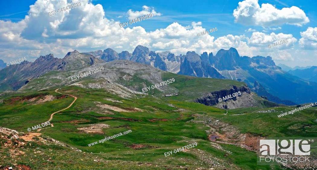 Stock Photo: Panorama of the Rosengarten Group in the Dolomites.