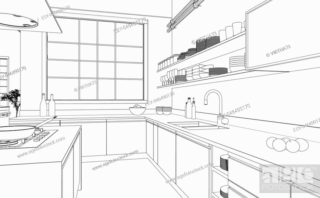 Kitchen Interior Drawing, Vector Illustration. Furniture Sketch Stock  Photo, Picture and Royalty Free Image. Image 73791524.