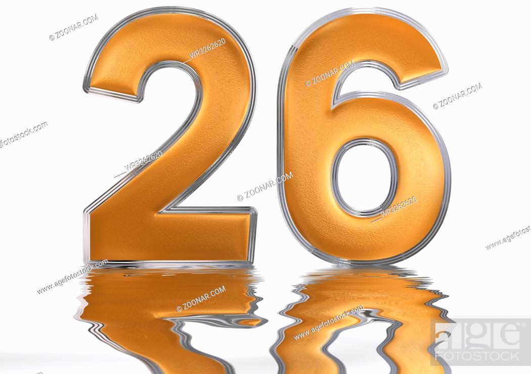 Imagen: Numeral 26, twenty six, reflected on the water surface, isolated on white, 3d render.
