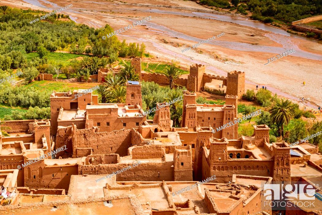 Stock Photo: View from the top of the hill. Ksar Ait Ben haddou, old Berber adobe-brick village or kasbah. Ouarzazate, Drâa-Tafilalet, Morocco, North Africa.